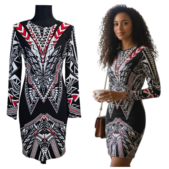 Bisou Bisou Dresses & Skirts - Bisou Bisou Michele Bohbot Geometric Print Bodycon Dress Black Red White 10
